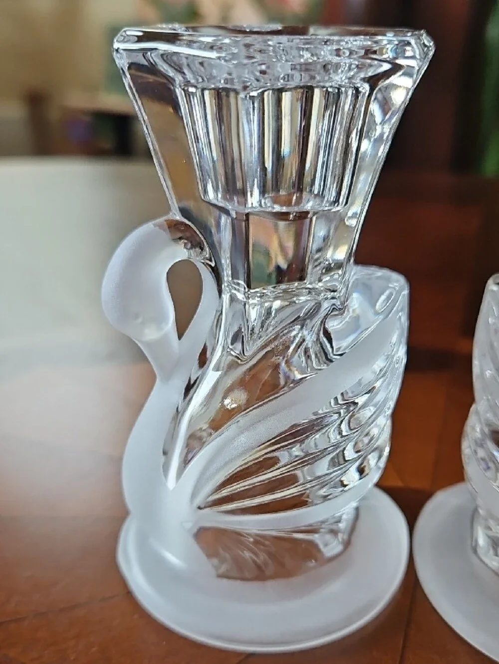 VTG PartyLite Clear Frosted 24% Lead Crystal Swan Taper Candle Holders Set of 2